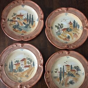 Set of Four Certified International Tuscan Landscape Plates By Pamela Gladding.